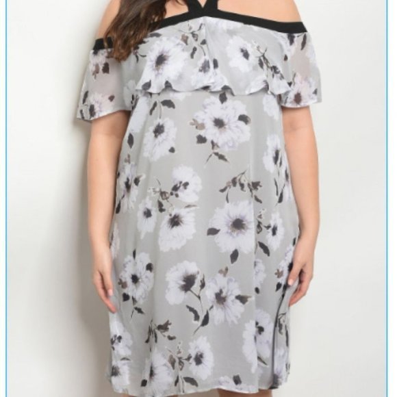 GRAY FLORAL PLUS SIZE DRESS - Picture 1 of 6